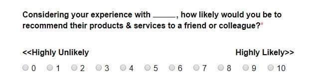 NPS Question: Considering your experience with blank, how likely would you be to recommend their products and services to a friend of colleague? Below is a scale of 0 to 10.